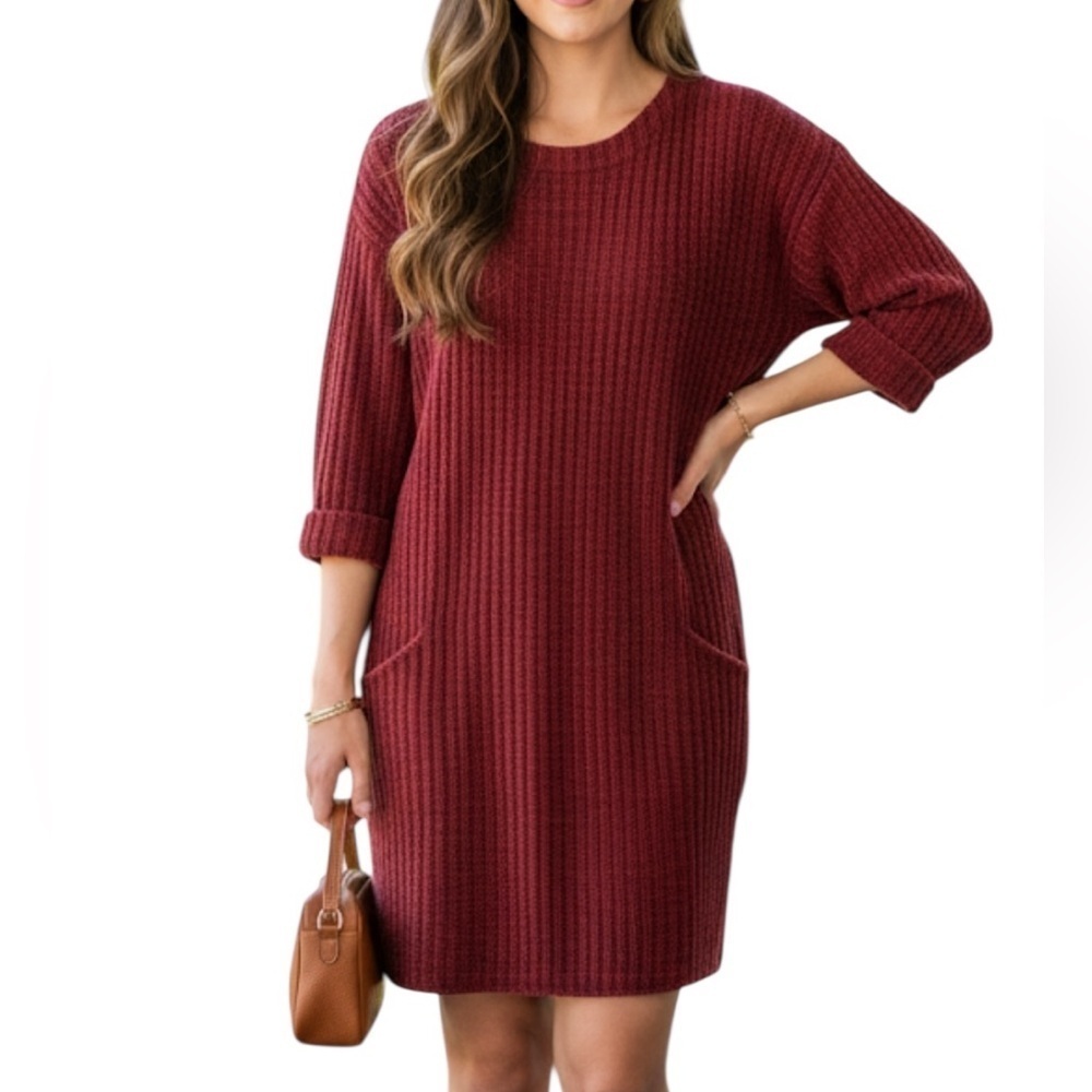 Papillon Academia Textured Knit 3/4 Sleeve Sweater Dress Medium Red Pockets - Picture 1 of 15